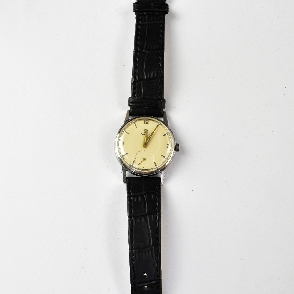 OMEGA; a 1950s gentlemen's stainless steel cased crown wind wristwatch,