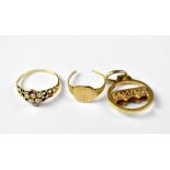 Two 9ct gold rings, one with seed pearls (one missing), the other with cut shank,