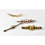 Four 9ct gold brooches to include a seed pearl crescent, a three red stone hoop bar brooch,