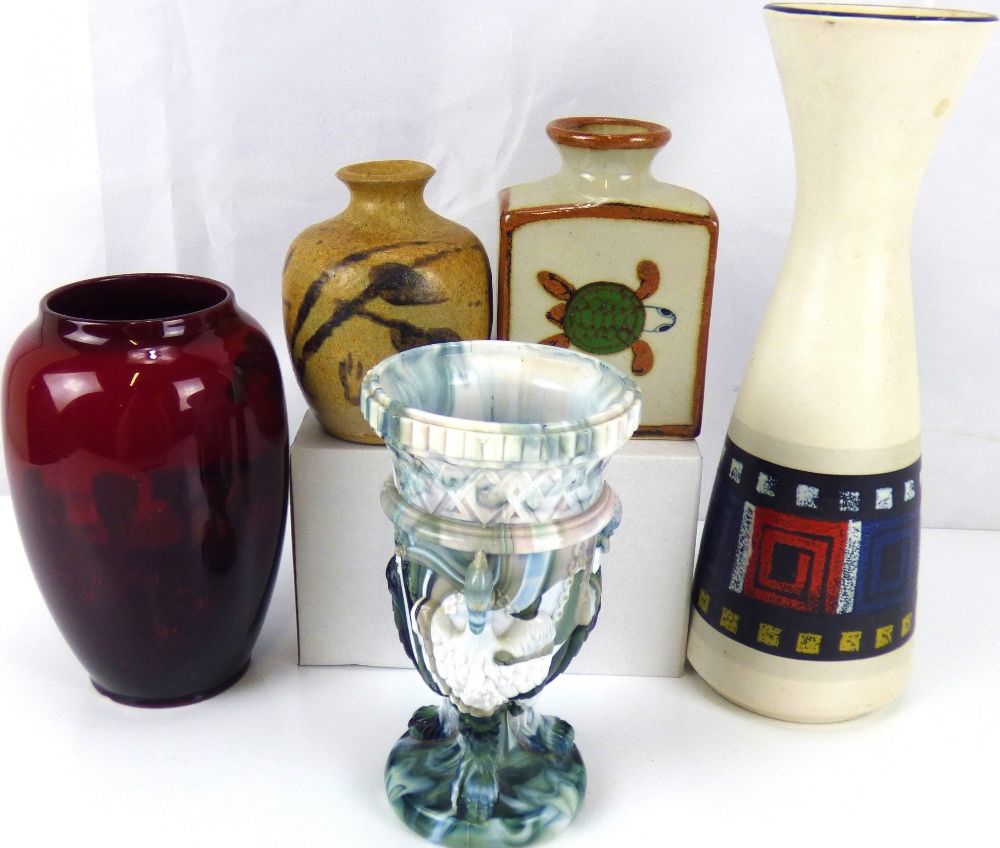 Five decorative items to include a 19th century mottled slag pressed glass vase with bird mask