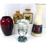 Five decorative items to include a 19th century mottled slag pressed glass vase with bird mask