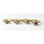 Four 9ct gold cluster rings comprising a flower example set with seven small diamonds, size P,