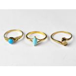 Two turquoise stone dress rings, one hallmarked for 9ct gold, with half bead in bezel mount,