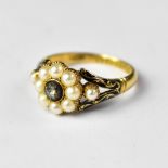 An early Victorian diamond and pearl mourning ring,