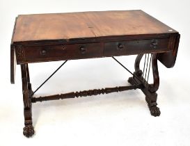 A Regency mahogany sofa table with twin D-end flaps, above a pair of frieze drawers,