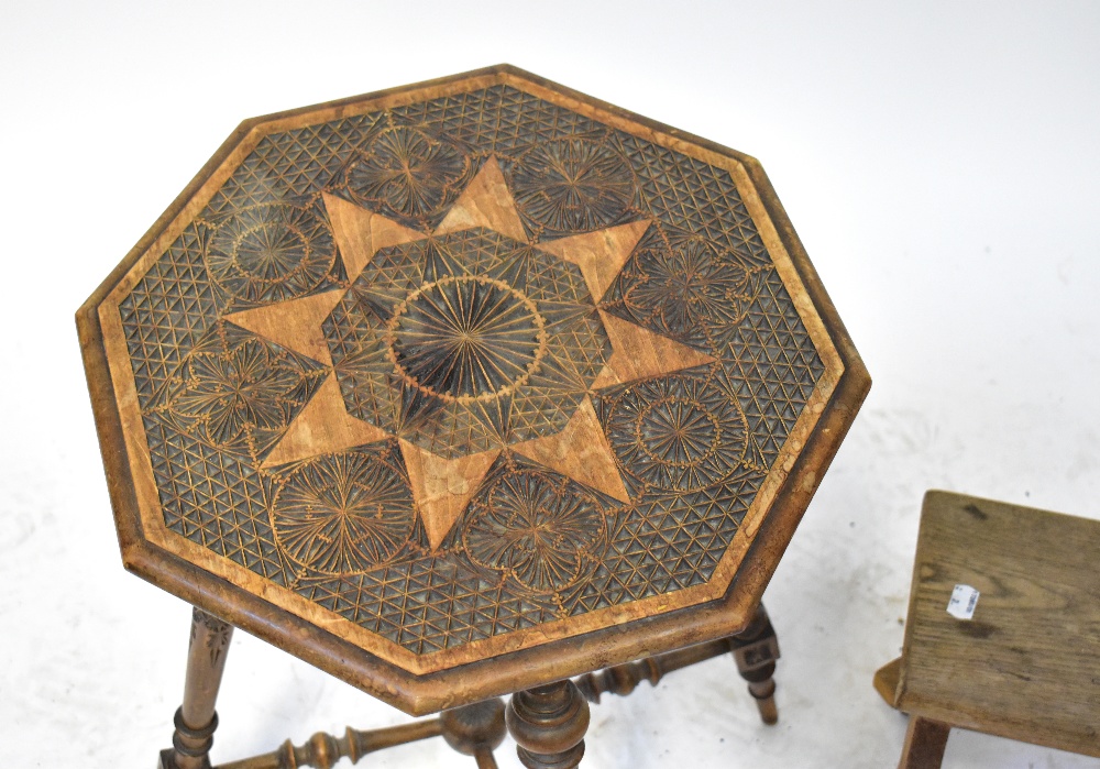 A c1900 Continental carved walnut octagonal occasional table raised on four turned and block - Bild 2 aus 2