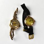 Two ladies' vintage 9ct gold head wristwatches, one on rolled gold flexi strap,