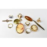 Various items of yellow metal and gold-coloured jewellery to include six rings, two cameo brooches,