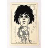 MARC BOLAN; a caricature postcard bearing the star's signature.