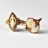 Two 9ct gold cameo rings, one in marquise shape depicting a single Classical maiden,