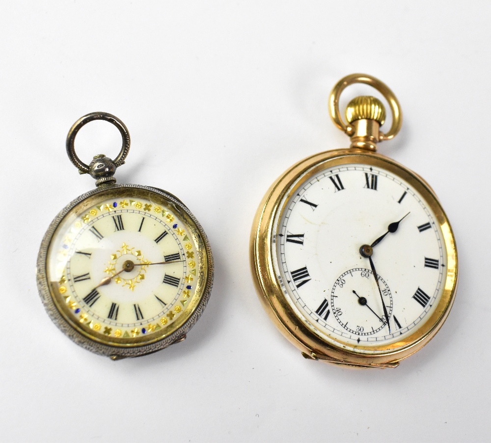 A gold plated open face pocket watch, the white dial set with Roman numerals and subsidiary dial,