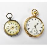 A gold plated open face pocket watch, the white dial set with Roman numerals and subsidiary dial,