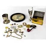An Arts & Crafts pewter base for spirit burner, a white metal Rococo-style vase holder,