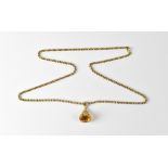 A 9ct gold belcher link chain with claw set citrine pendant, length approx 72cm, approx 21g.