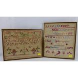 Two 19th century alphabet samplers, one by Alice Bartlett dated 1873, the other with alphabet,