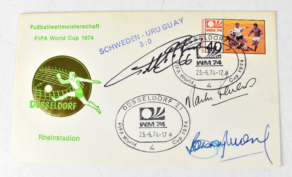 WORLD CUP 1966; a first day cover bearing the signatures of Martin Peters, Bobby Moore,