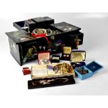 A quantity of costume jewellery, partially housed in a Japanese lacquered musical jewellery box,