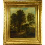 ALBERT GYNGELL (1841-1894): oil on canvas, farmer with cows on track walking through woodland,