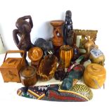 Various wooden items to include many tribal items, figures, masks,