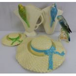 Five items of collectible pottery comprising two Falcon ware pottery Summer Hats,