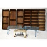 Six industrial metal trays, each approx 10 x 92 x 31cm, together with a white painted metal stool,