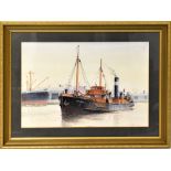 J K BYASS (active 1982); watercolour, the tug 'Sprayville' in harbour,