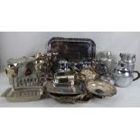A quantity of various chrome plated and silver plated items to include a tea set, canisters, trays,