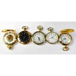 Five gold plated quartz pocket watches to include Royce, also a skeletonised example,