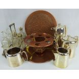 Various items of silver plate and copper to include a six-piece cut glass and silver plated cruet