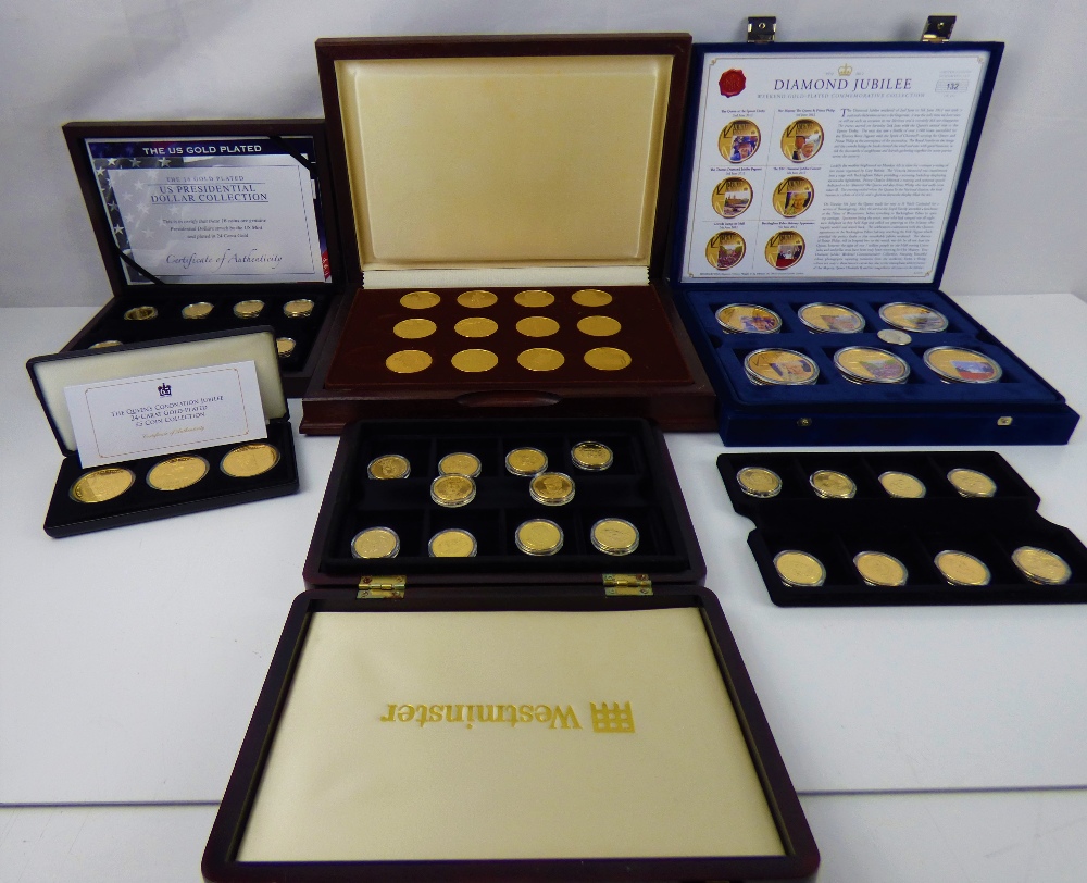 Various gold plated coin sets and loose examples to include sixteen gold plated US Presidential