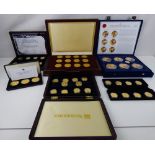 Various gold plated coin sets and loose examples to include sixteen gold plated US Presidential
