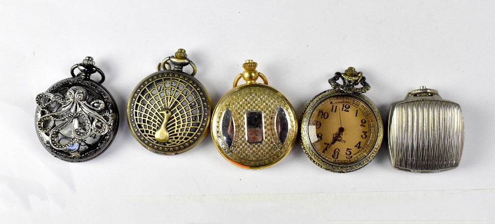 Five quartz pocket watches to include a purse-form example, all approx 50mm (5).