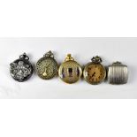 Five quartz pocket watches to include a purse-form example, all approx 50mm (5).