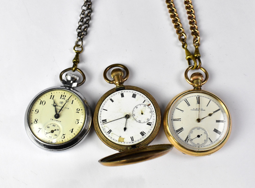 Three pocket watches comprising a Waltham Mass gold plated open face crown wind pocket watch,