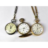 Three pocket watches comprising a Waltham Mass gold plated open face crown wind pocket watch,