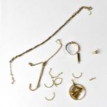 Various items of broken gold jewellery, mostly 9ct, combined approx 8.8g.