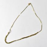 A 9ct gold necklace with double flat link drop with single chain united by hoop clasp,