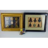 Two framed displays of various military cap badges, to include National Defence Company, Egypt,