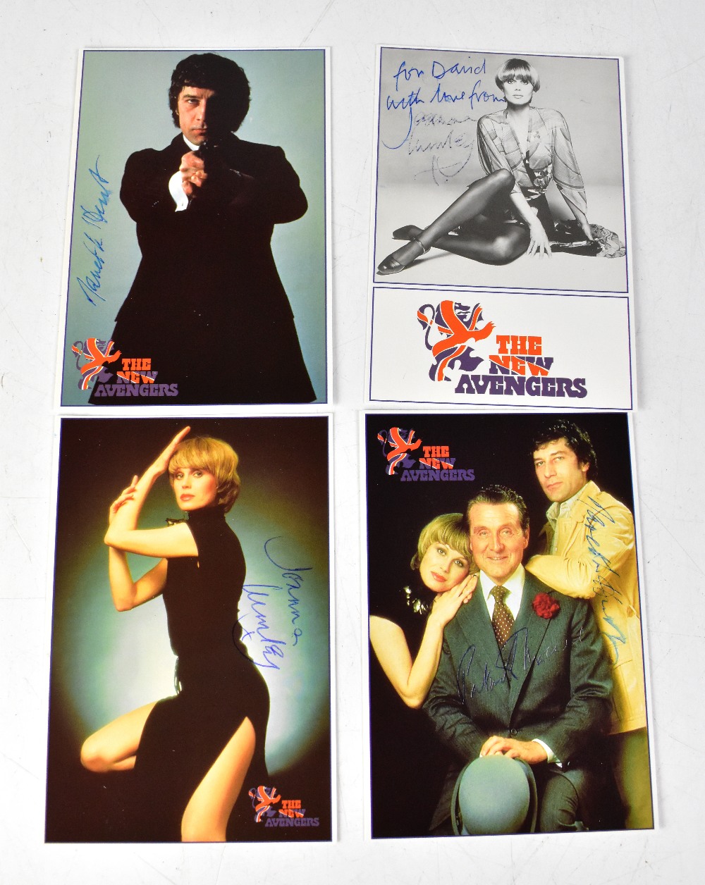 THE NEW AVENGERS; four colour postcards bearing the signatures of Joanna Lumley,