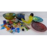 Various items of coloured art glass,