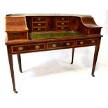 A good quality reproduction mahogany crossbanded and line inlaid bonheur du jour with brass