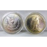 An 1896 silver Morgan dollar, together with a 1923 silver Peace dollar,
