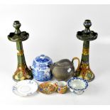 A small collection of ceramics and collectible items, to include a pair of Gouda candlesticks (af),