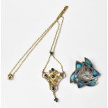 An Edwardian rose and yellow metal openwork pendant set with sapphires and seed pearls, length 6cm,