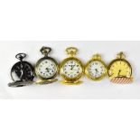 Five quartz pocket watches to include a horse racing themed example, all approx 50mm (5).