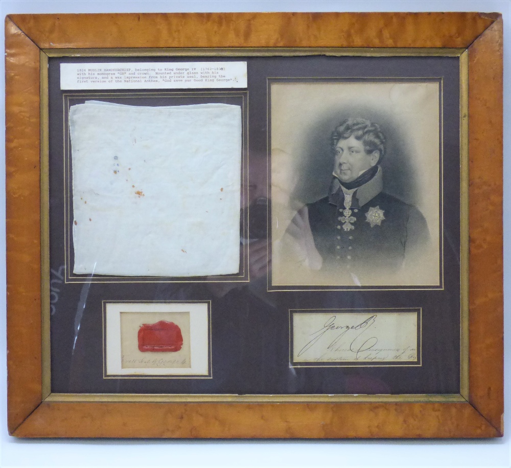 A framed montage of George IV related items to include a muslin handkerchief stamped with the small