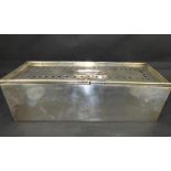 A 19th century rectangular silver plated bait box with pierced top and swing handle,