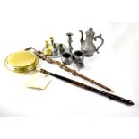 A quantity of pewter wares, a brass warming pan, a pair of brass candlesticks,