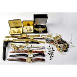 A quantity of costume jewellery and watches to include Accurist, Tudor,