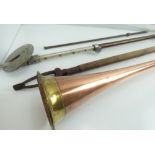 Various mixed collectibles to include a long brass and copper coaching horn, a riding crop,